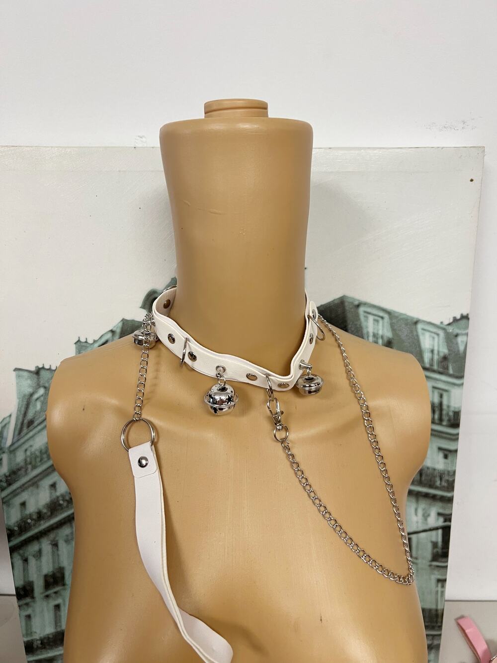 Gothic Faux Leather Choker Set with Detachable Chain Leash and Bell